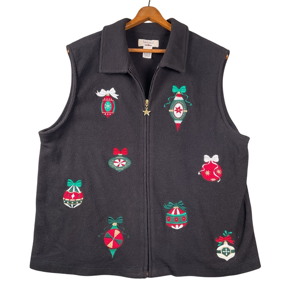Bechamel Fleece Vest Womens XL Black Christmas Ornament Embroidered Full Zip